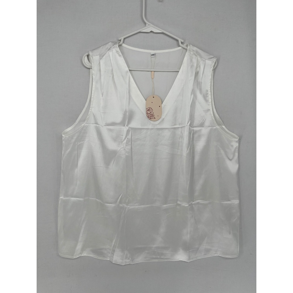 White Satin V-Neck Tank Top Sleeveless Camisole Blouse Plus Size 2XL NEW